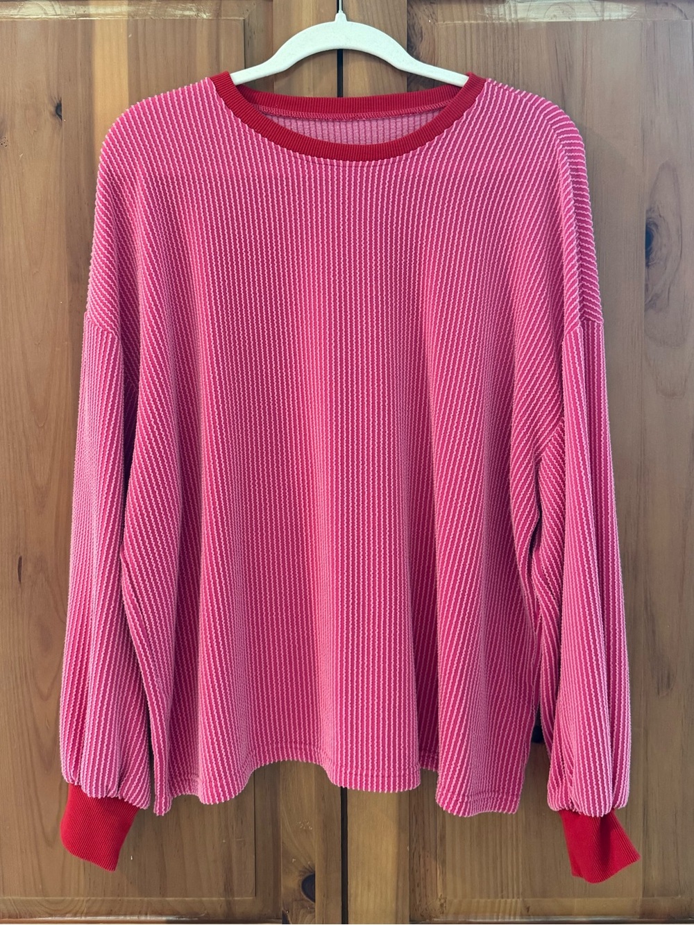 SHEIN Pink Ribbed Crewneck Sweater with Red Trim